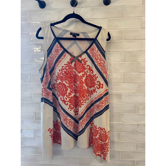 Style & Co 2X Handkerchief Hem Tank Top Ivory Orange Navy Sleeveless Boho - Picture 2 of 5